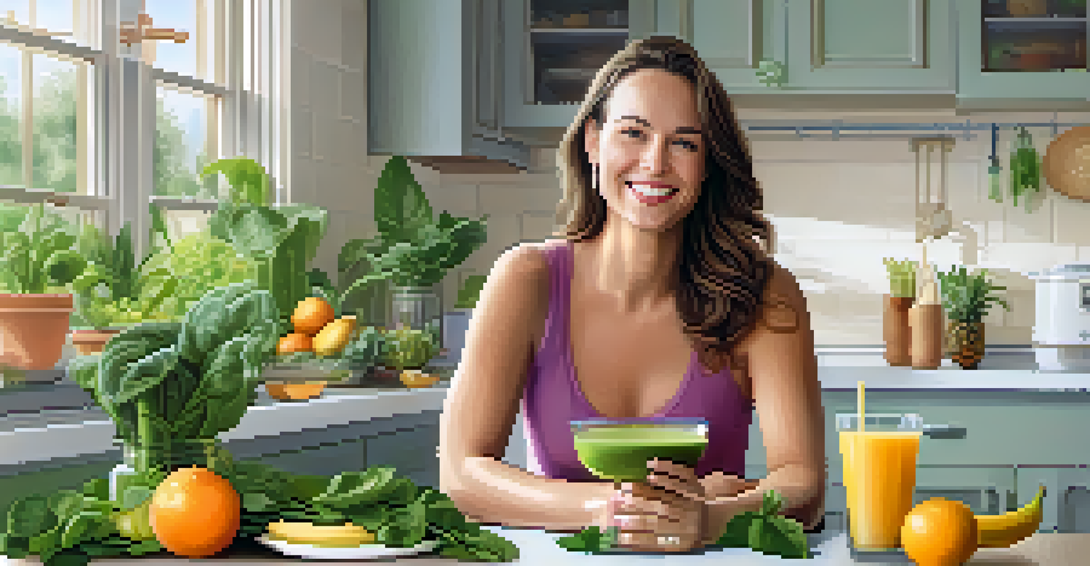 An expectant mother happily preparing a smoothie with spinach and fruits in a bright kitchen, surrounded by fresh ingredients.