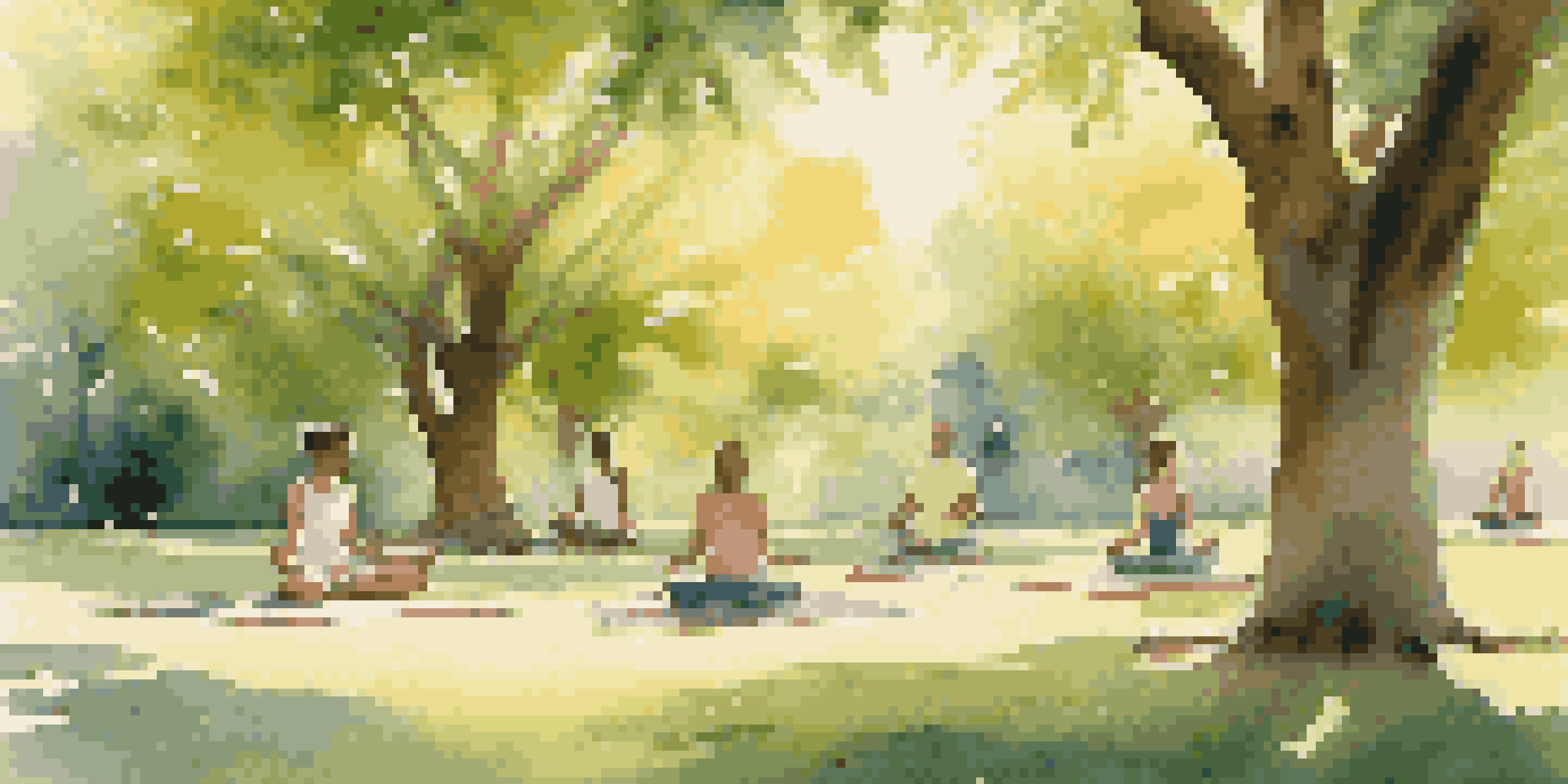 A peaceful park setting with individuals practicing self-care activities like yoga and meditation in a sunny environment.