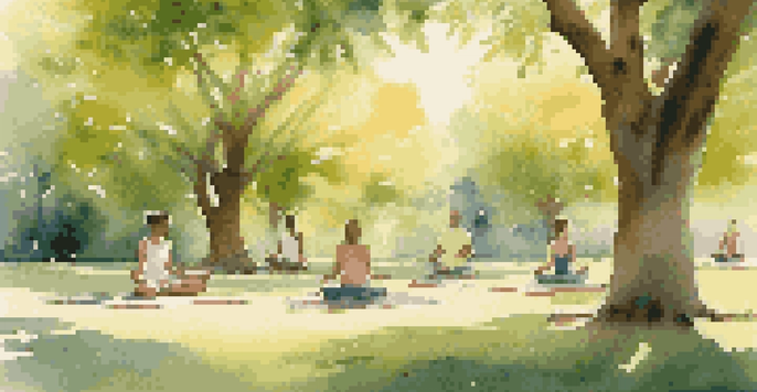 A peaceful park setting with individuals practicing self-care activities like yoga and meditation in a sunny environment.