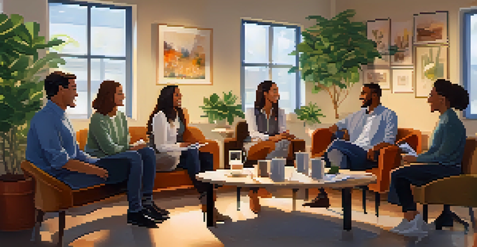 A diverse group of employees in a cozy break room discussing workplace stress, surrounded by warm lighting and plants.