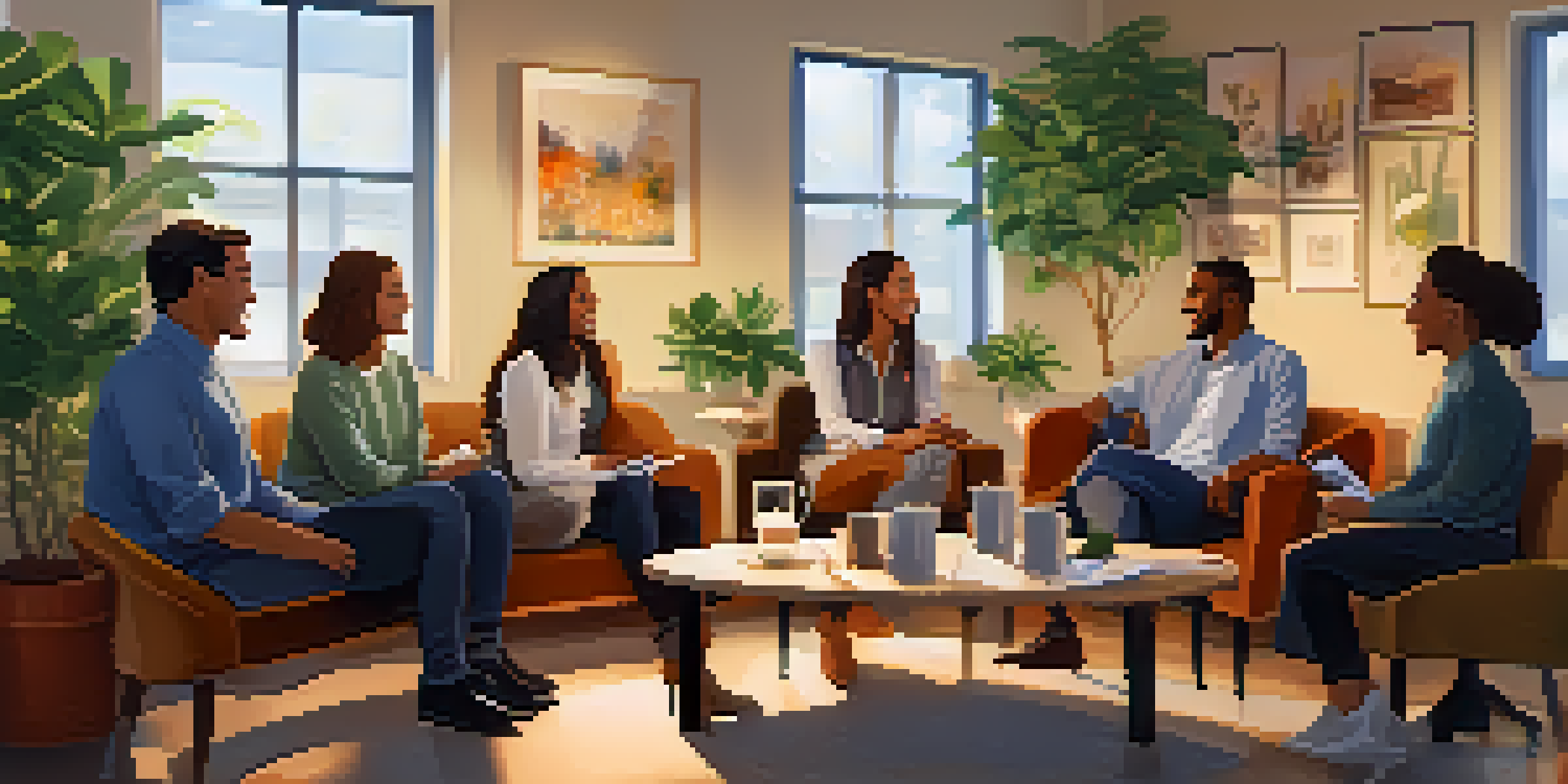 A diverse group of employees in a cozy break room discussing workplace stress, surrounded by warm lighting and plants.