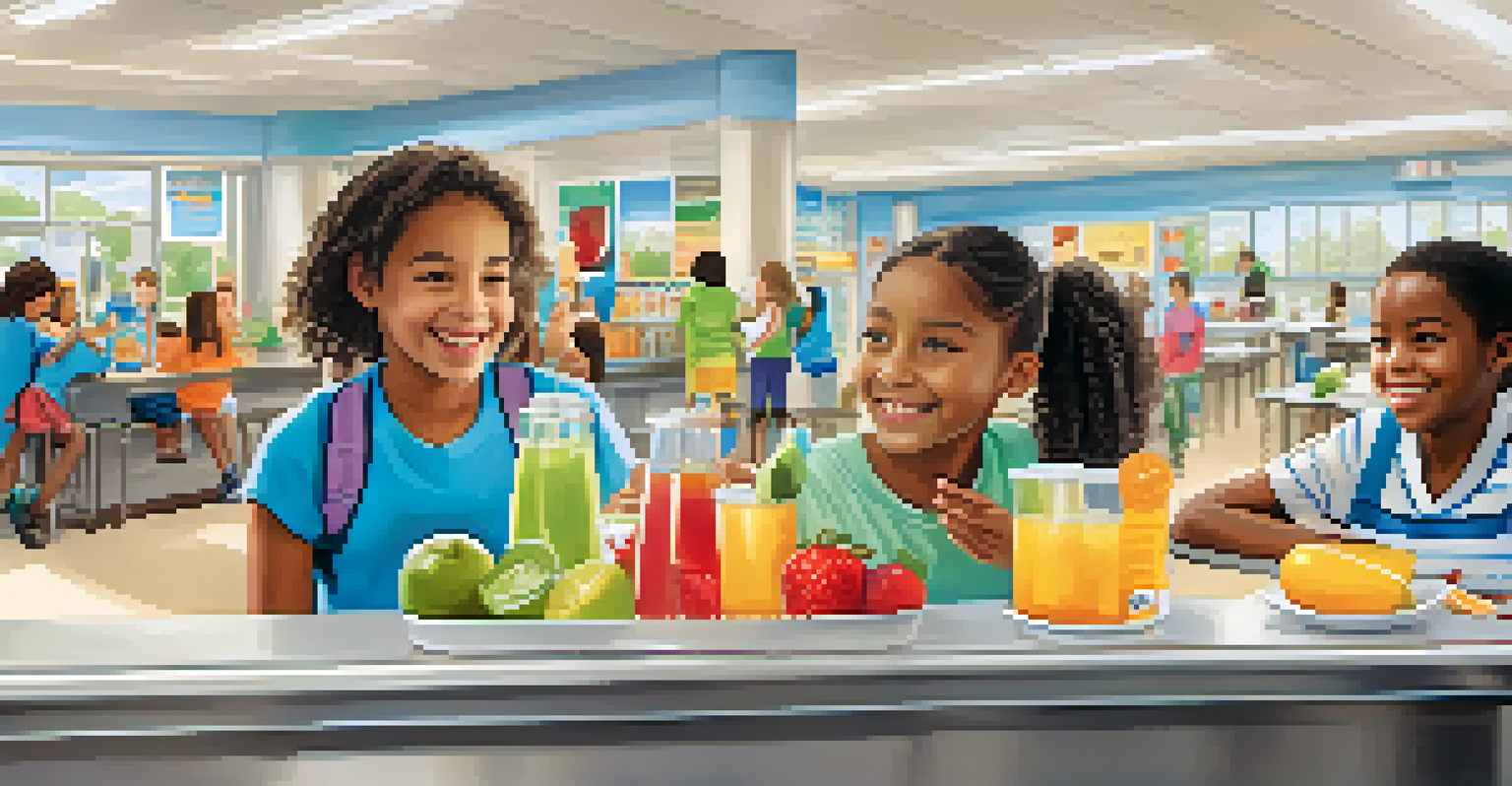 Children in a school cafeteria choosing healthy beverage options like infused water and herbal tea.