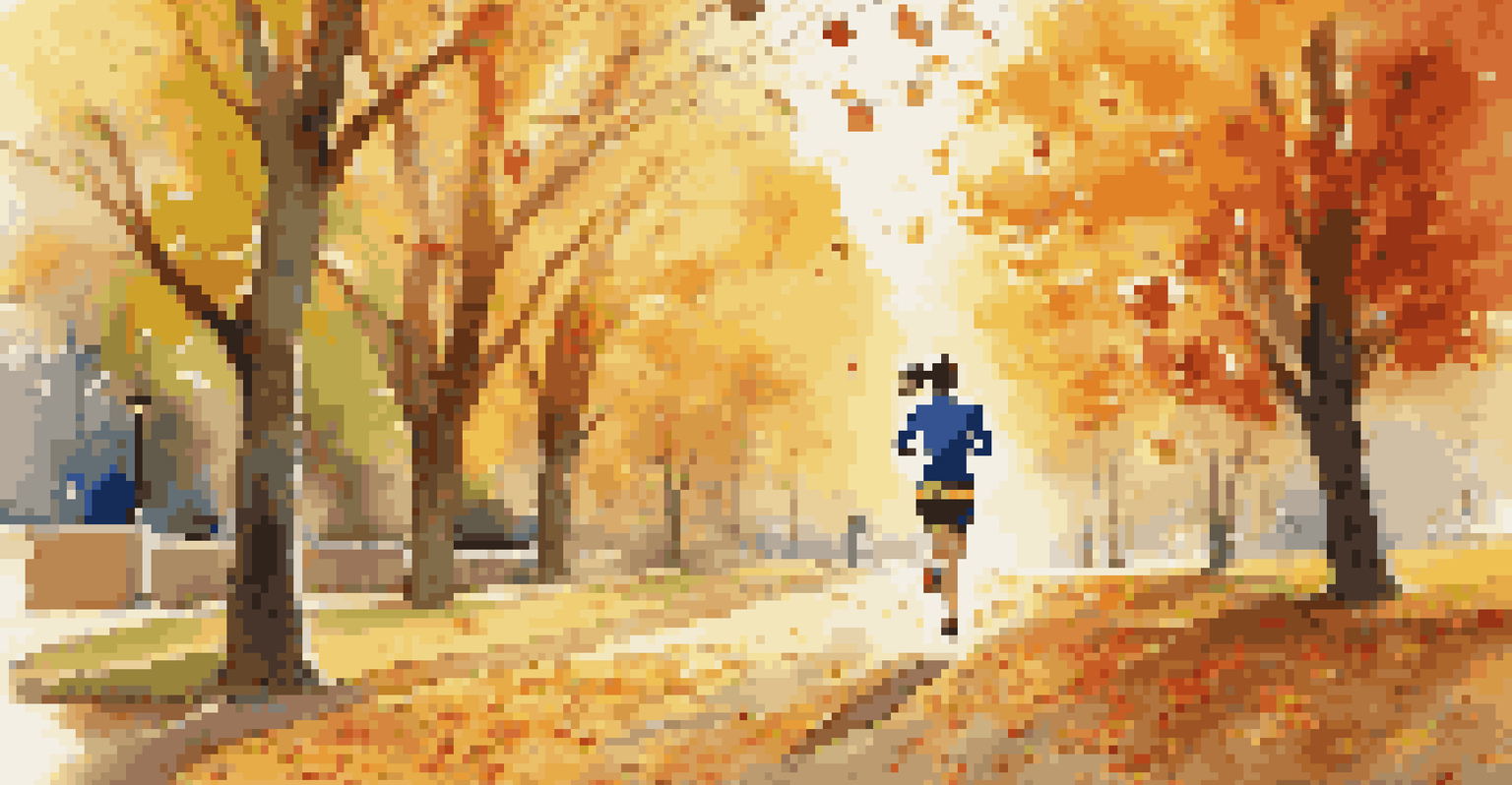 A person jogging in an autumn park, surrounded by colorful leaves and sunlight filtering through trees.