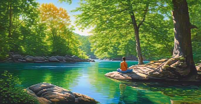 A peaceful landscape with a winding river, lush trees, and a person meditating on a rock, representing resilience.