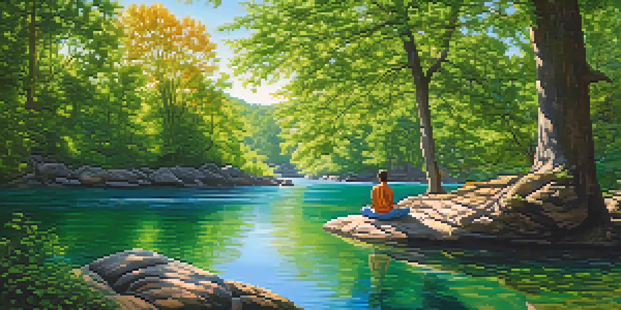 A peaceful landscape with a winding river, lush trees, and a person meditating on a rock, representing resilience.