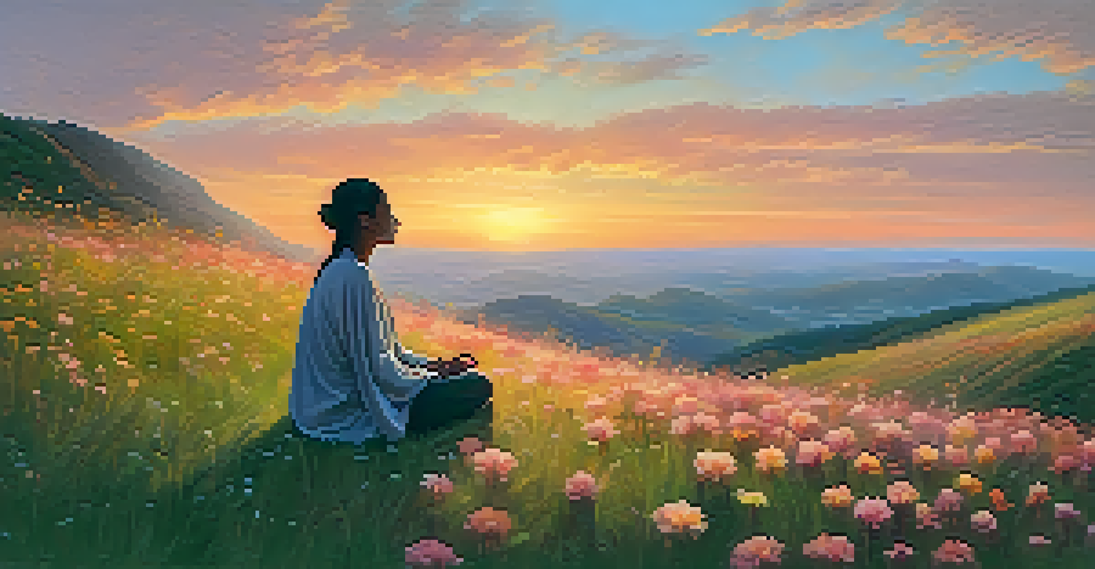 A person meditating on a hilltop at sunset, surrounded by flowers, symbolizing tranquility and self-compassion.