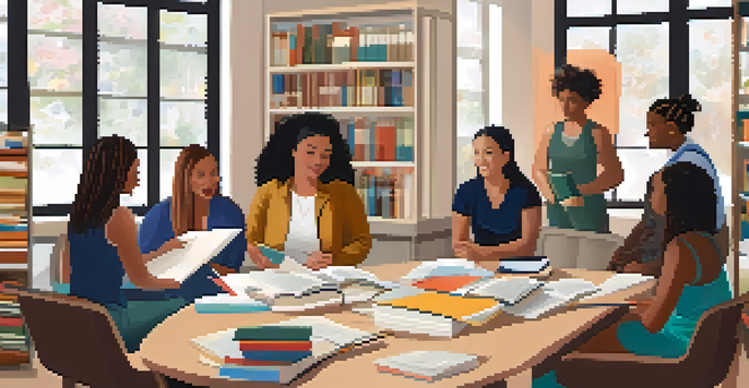 A group of therapists in a workshop setting, discussing multicultural counseling, with books and materials around them.