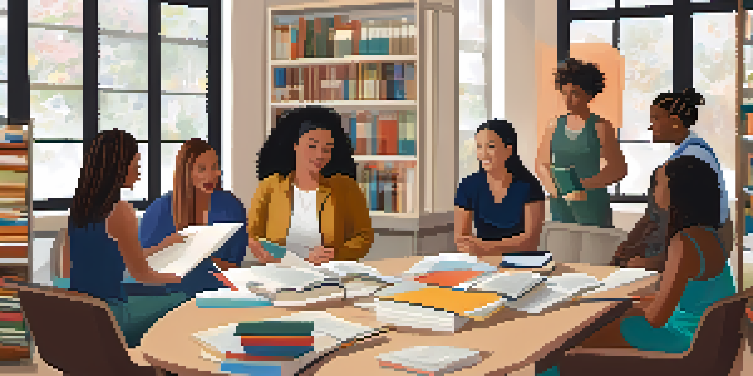 A group of therapists in a workshop setting, discussing multicultural counseling, with books and materials around them.