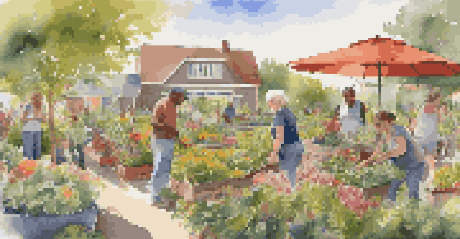 A lively community garden with diverse plants and people gardening together under bright sunlight.