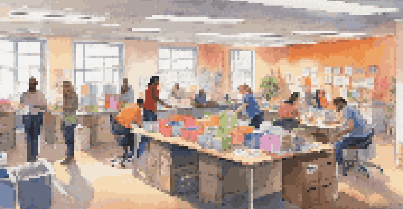 Employees in an office space collaborating to assemble care packages for those in need, showcasing a lively and community-focused atmosphere.