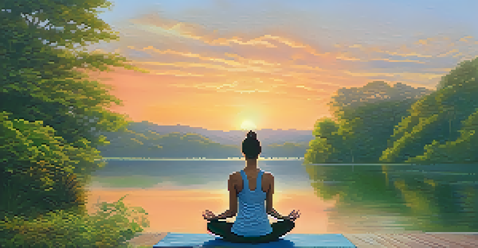 A person practicing yoga at sunrise in a tranquil outdoor setting with greenery and a lake, symbolizing the benefits of exercise on sleep and emotional health.