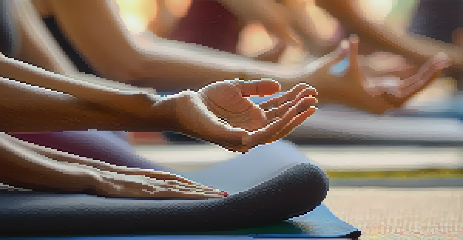 A close-up of hands forming a mudra during yoga, with blurred participants in the background.