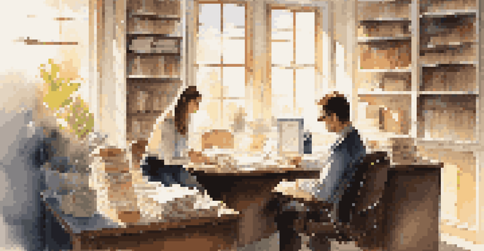 An experienced employee mentoring a younger colleague in a cozy office filled with books and notes.