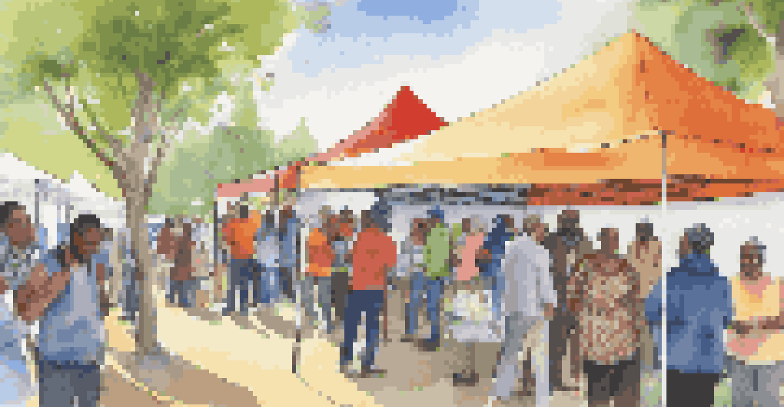 A lively community health fair for refugees, with colorful booths and people engaging in health screenings and workshops. The setting is bright and welcoming, surrounded by trees.