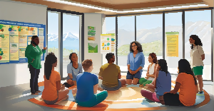 A diverse group of people participating in a community health workshop, discussing health topics in a bright room.