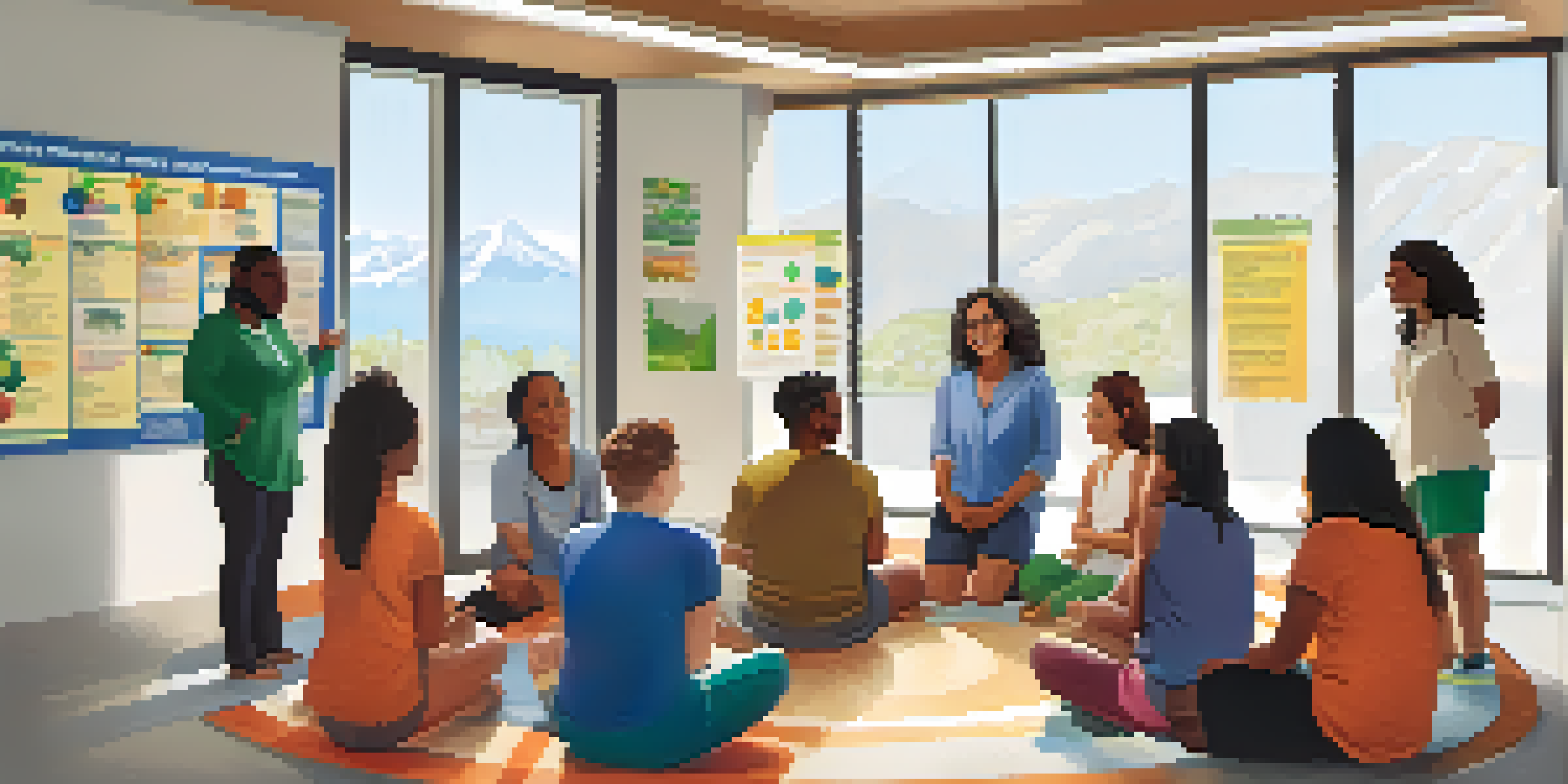 A diverse group of people participating in a community health workshop, discussing health topics in a bright room.