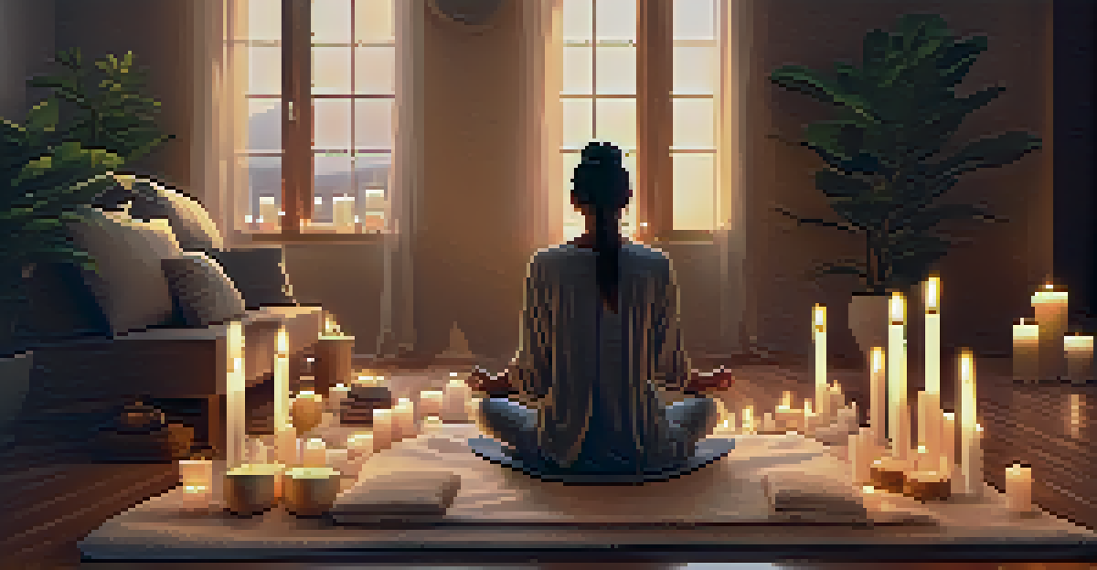 A person meditating in a cozy space surrounded by candles and a vision board with positive affirmations.