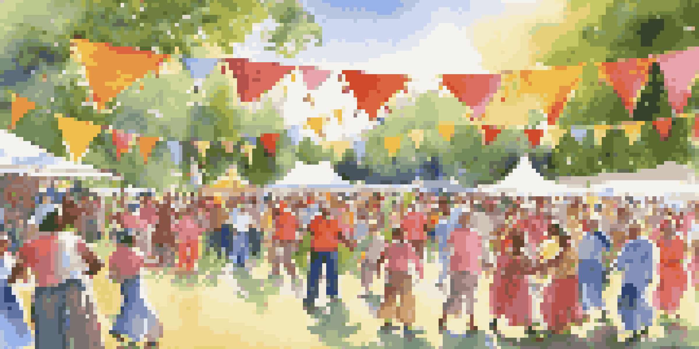 A lively community festival with older adults dancing and enjoying the event in a sunlit park.