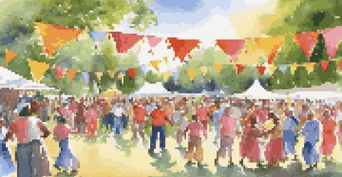 A lively community festival with older adults dancing and enjoying the event in a sunlit park.