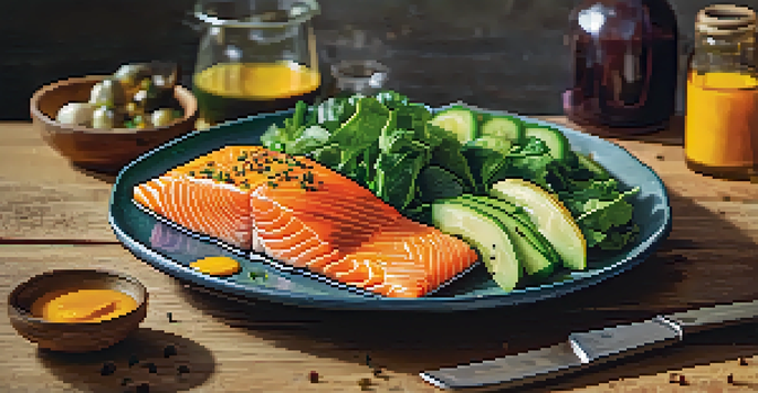 A colorful plate of anti-inflammatory foods including salmon, leafy greens, and berries on a rustic wooden table with natural light.