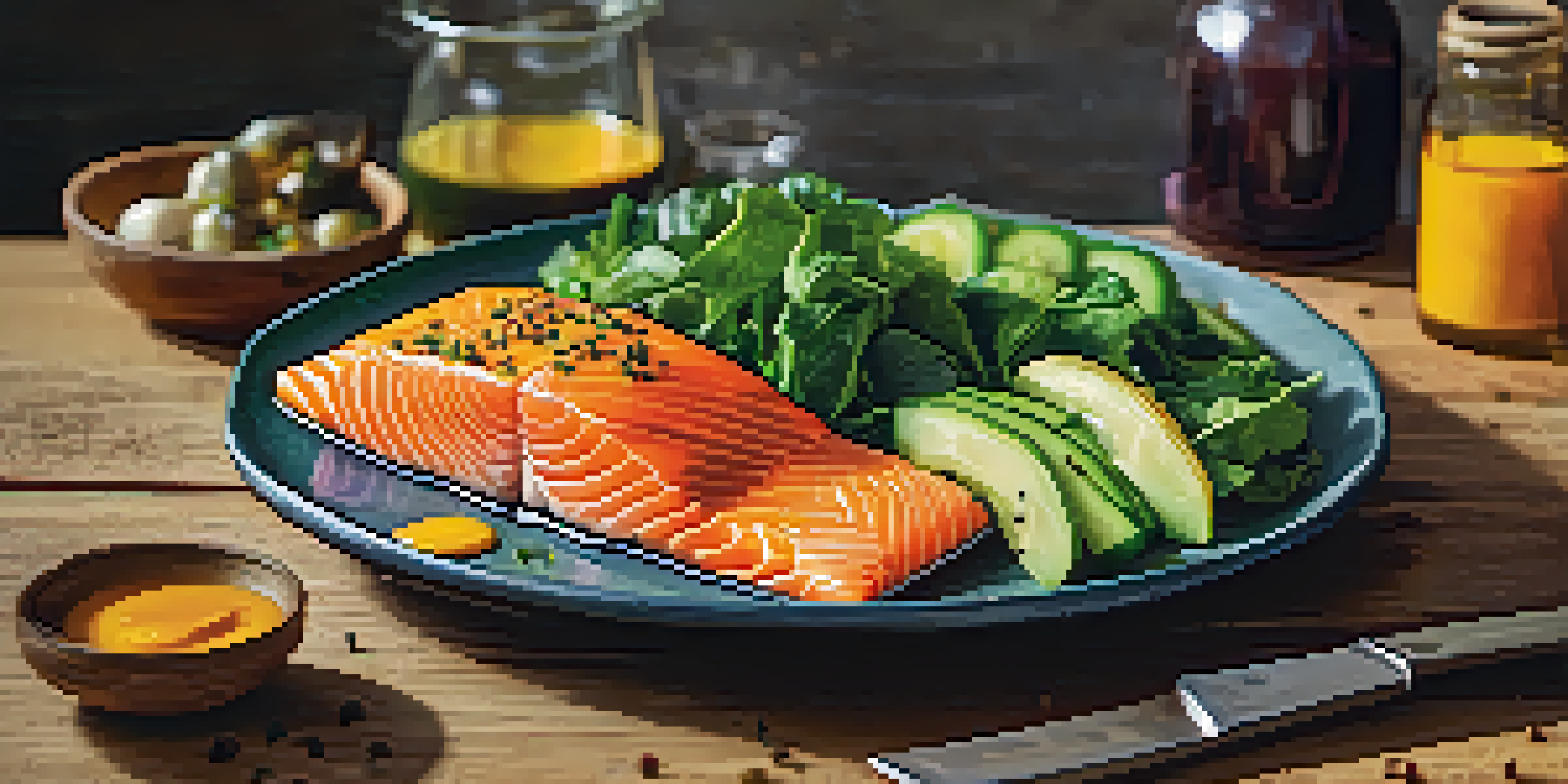 A colorful plate of anti-inflammatory foods including salmon, leafy greens, and berries on a rustic wooden table with natural light.
