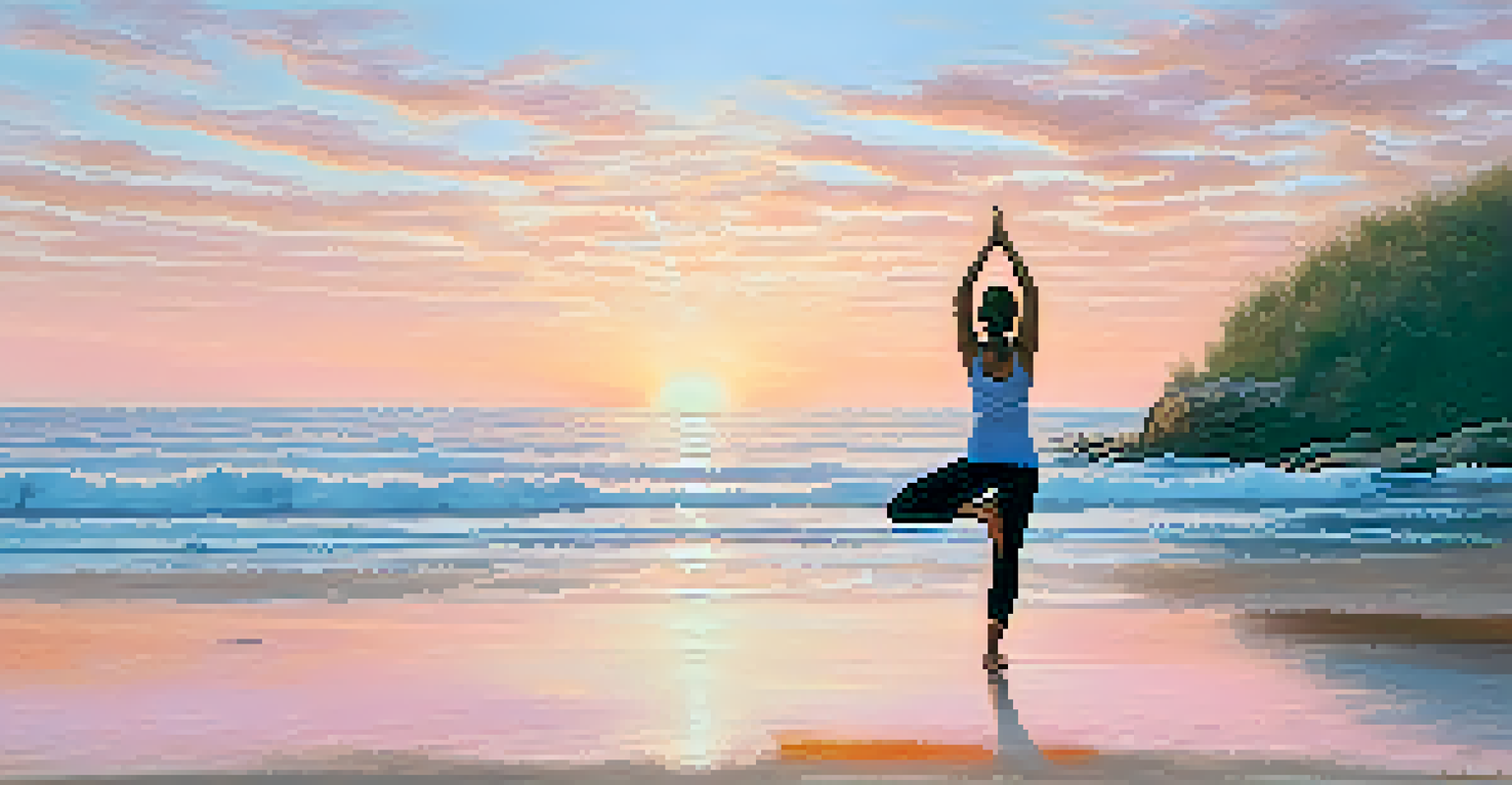 A person doing yoga on a beach at sunrise, surrounded by calm water and soft colors in the sky.