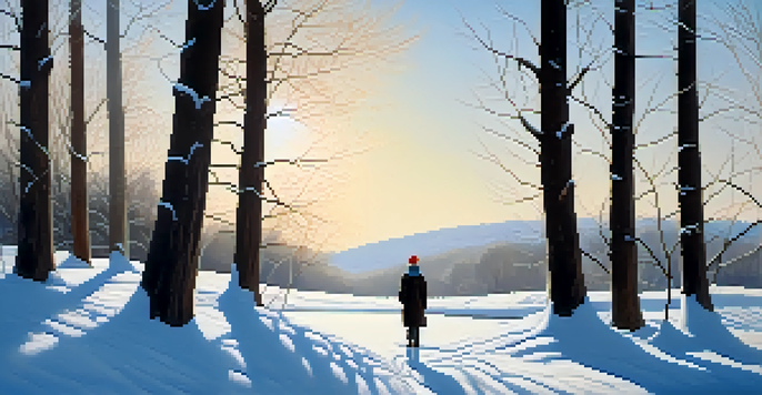 A person meditating in a snowy landscape with trees and a blue sky, representing cold exposure.