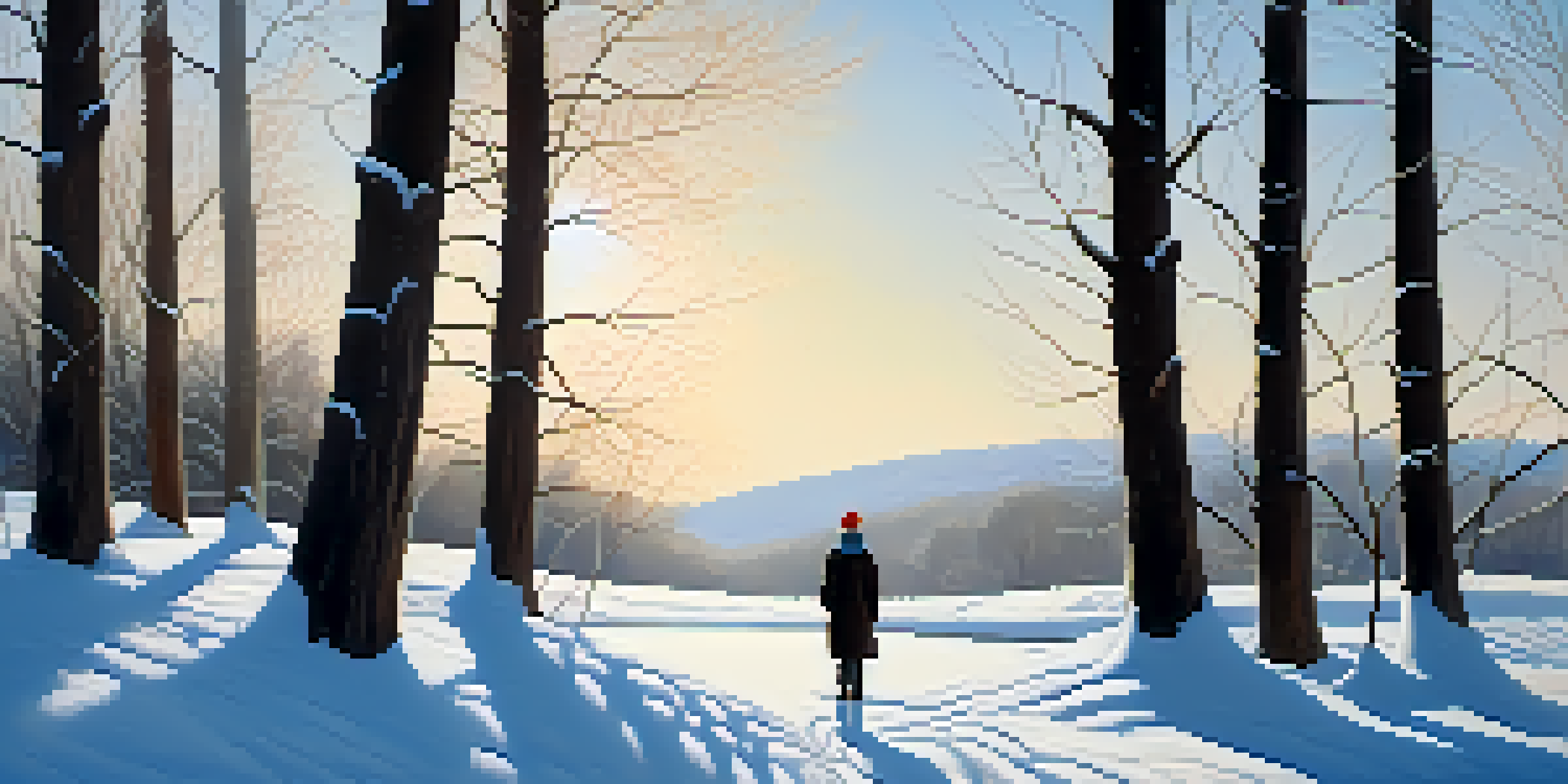 A person meditating in a snowy landscape with trees and a blue sky, representing cold exposure.