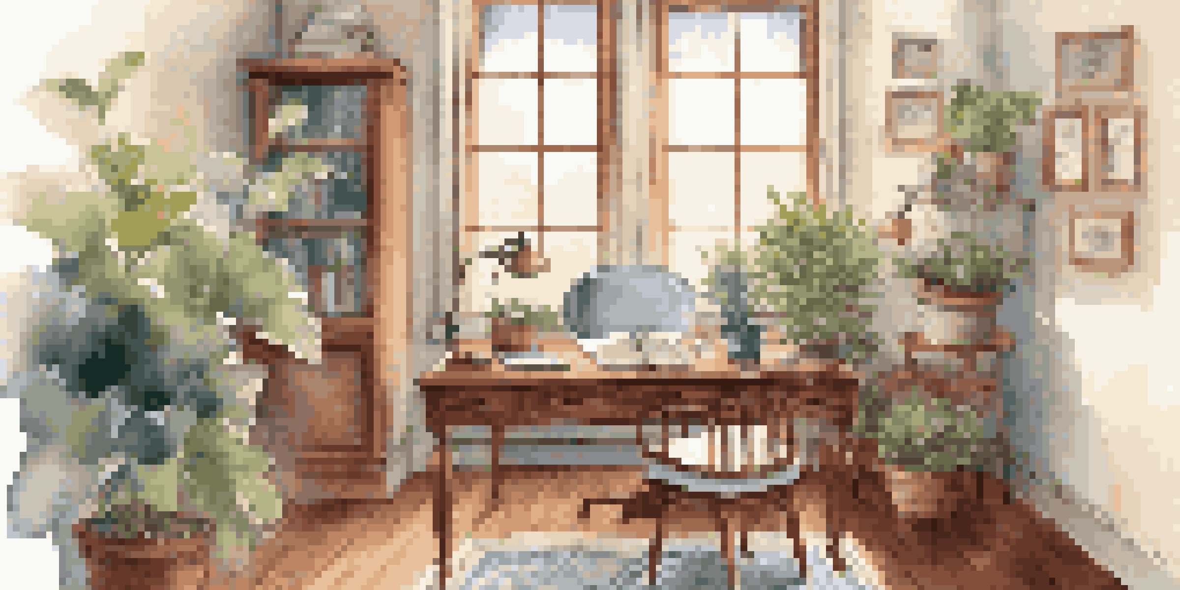 A cozy home office with a desk, journal, plants, and warm lighting.