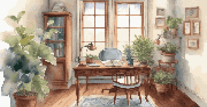 A cozy home office with a desk, journal, plants, and warm lighting.