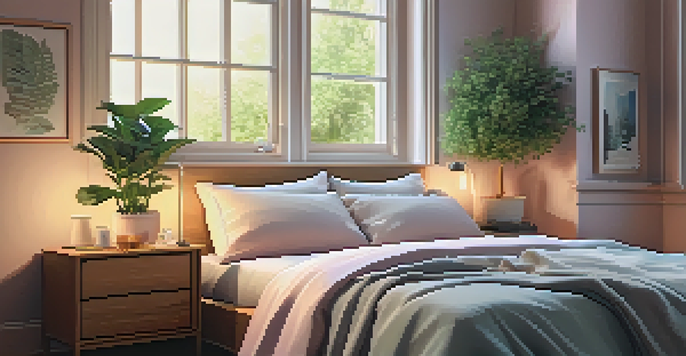 A cozy bedroom with soft bedding, warm lighting, and a bedside table with tea and a book, promoting a peaceful sleep environment.