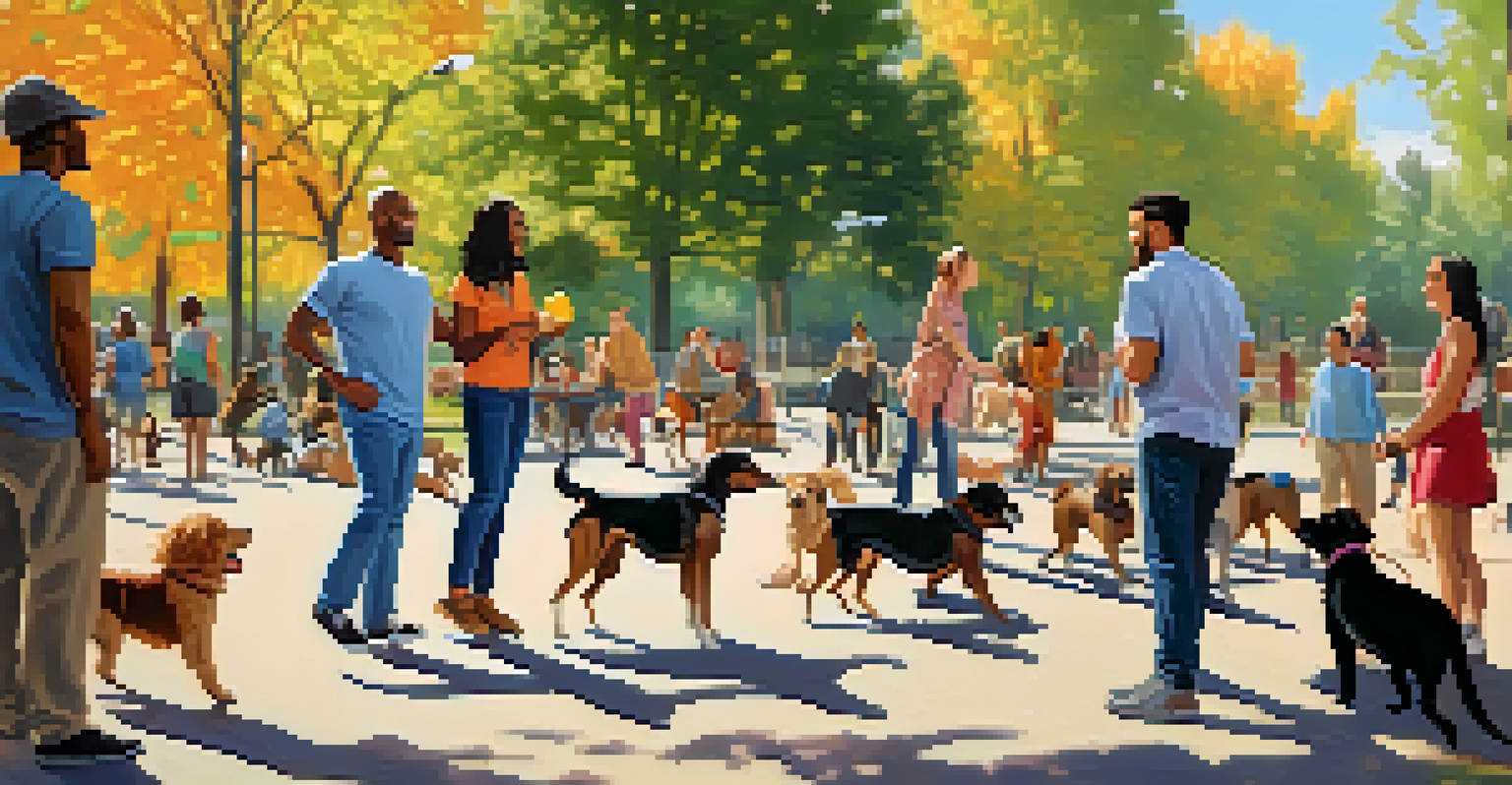 A diverse group of people enjoying a sunny day at a dog park, with dogs playing and owners chatting.