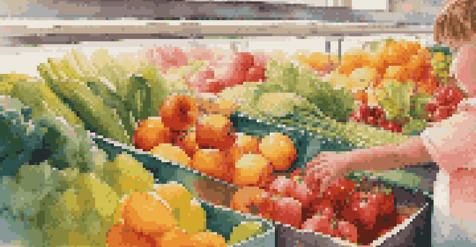 A child choosing fresh produce in a grocery store, surrounded by colorful fruits and vegetables.