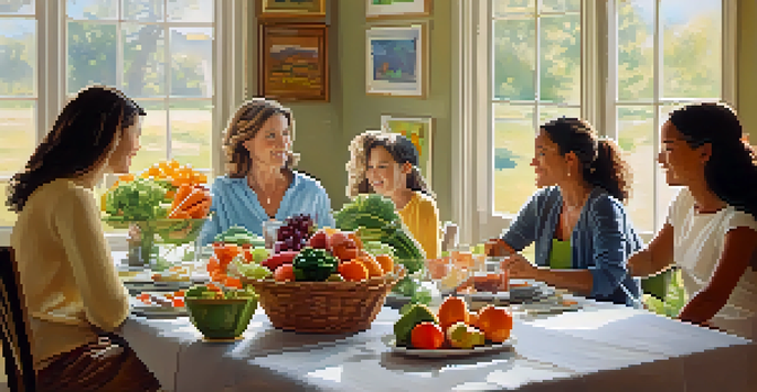 A family of four enjoying a meal together at a beautifully set table with fresh fruits and vegetables, illuminated by soft natural light.