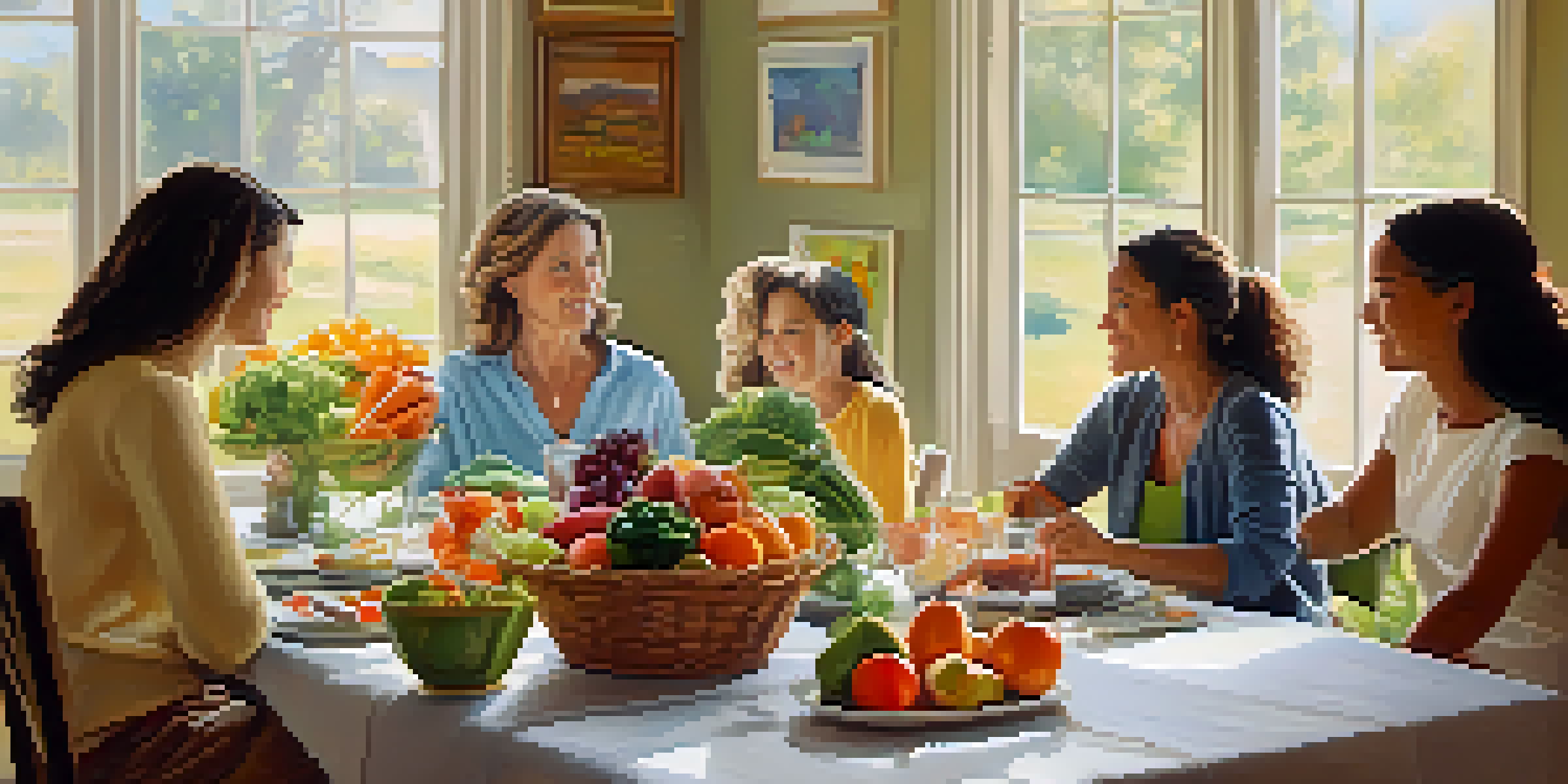A family of four enjoying a meal together at a beautifully set table with fresh fruits and vegetables, illuminated by soft natural light.