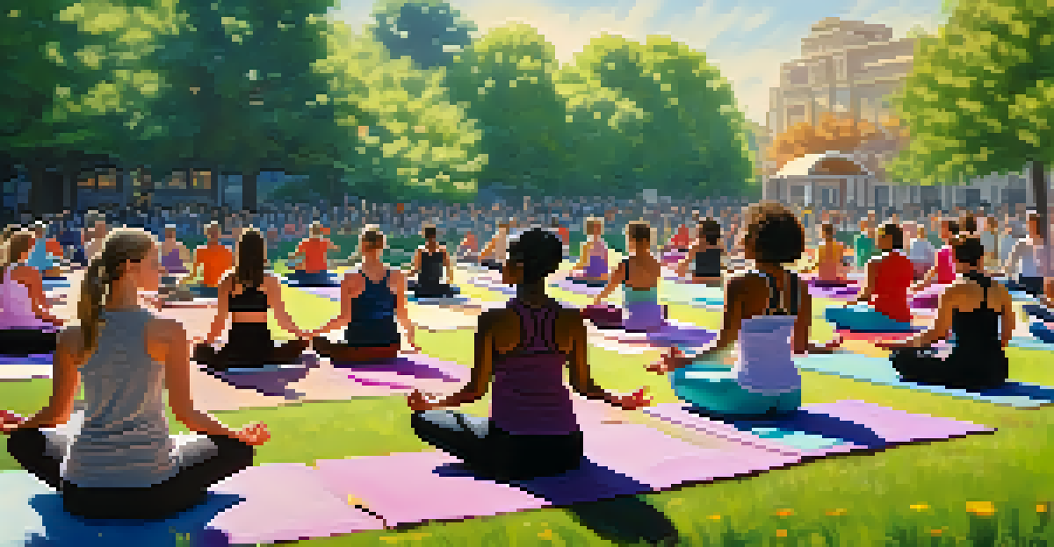A diverse group practicing yoga in a sunny park, surrounded by lush greenery and flowers.
