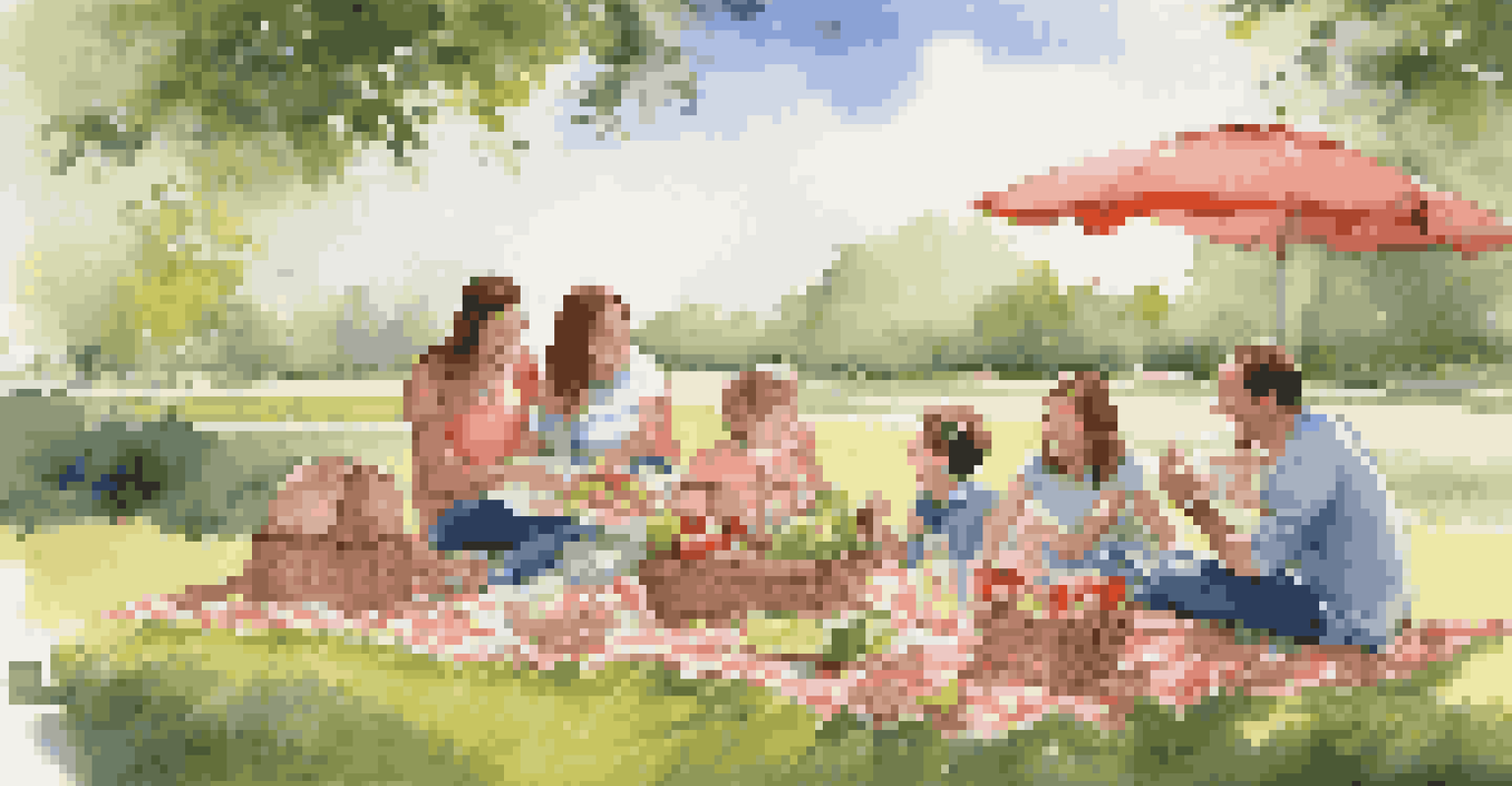 A family enjoying a healthy picnic on a grassy field under a blue sky.