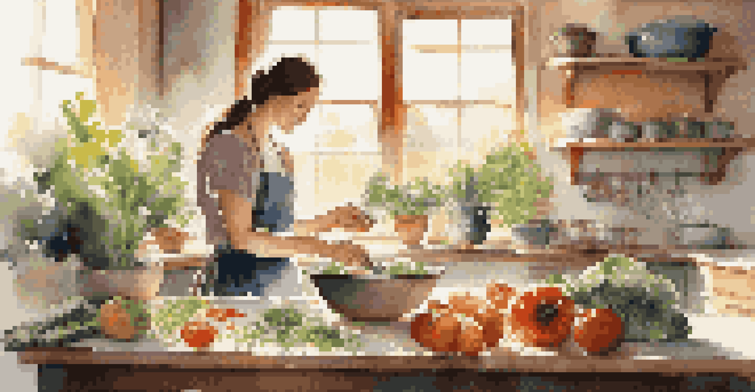 A woman in a kitchen preparing a meal with fresh whole foods, surrounded by vegetables, grains, and spices, illuminated by sunlight.