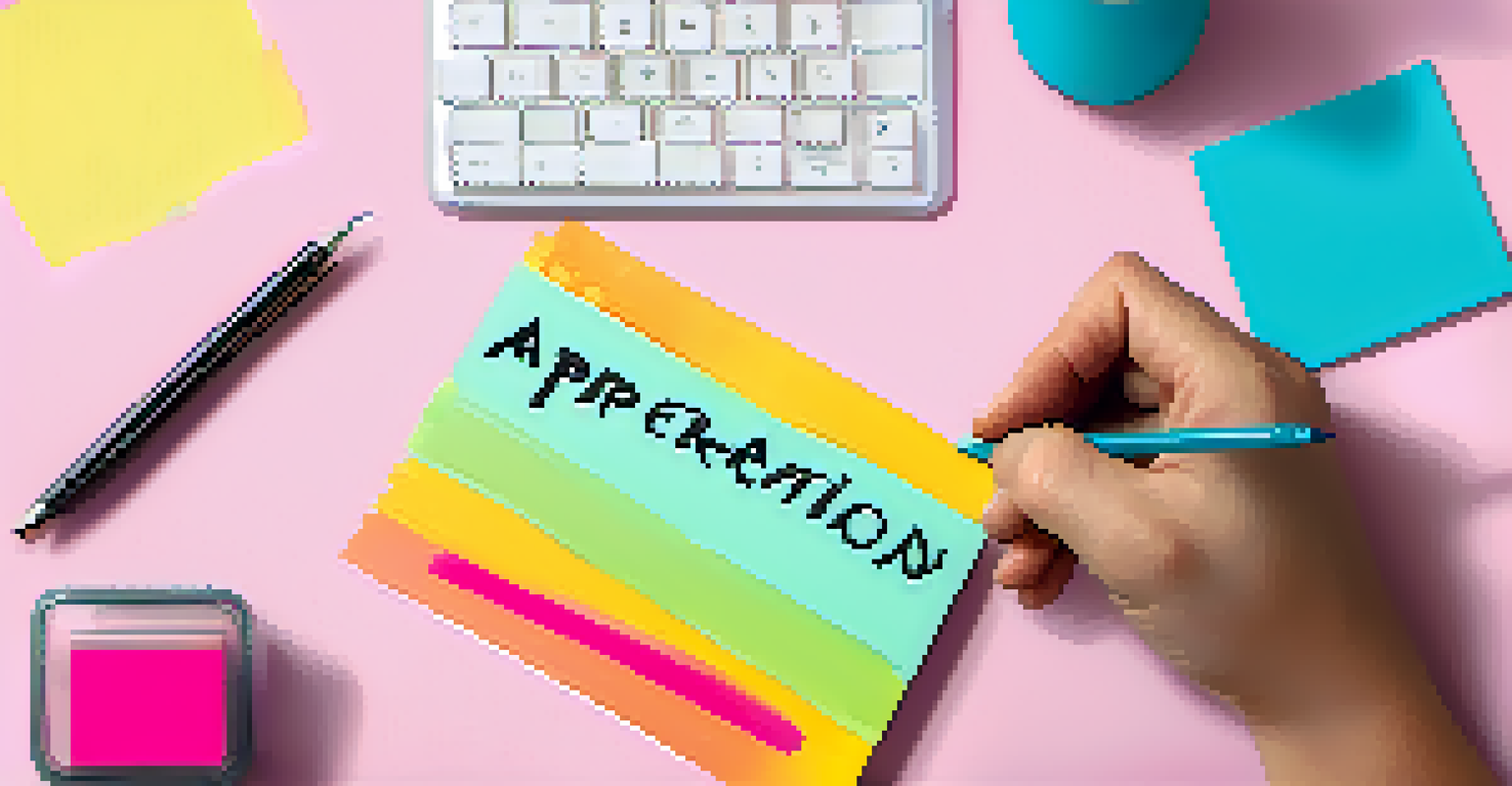 A hand writing an appreciation note on a colorful sticky note, with a blurred workspace in the background.