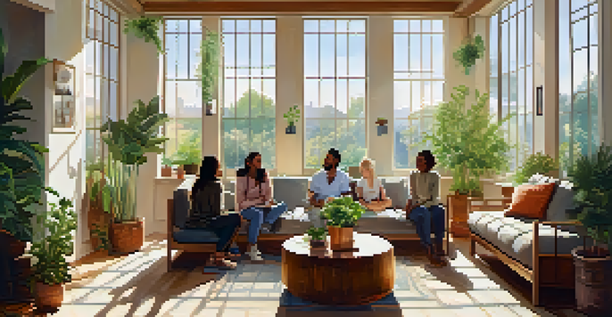 A bright and cozy room where a diverse group of individuals are sitting in a circle, sharing supportive conversations.