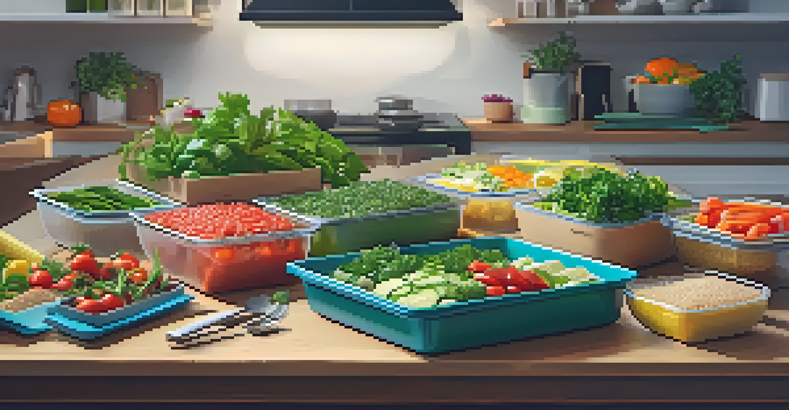 A meal prep station with colorful containers of healthy food, fresh herbs, and vegetables arranged on a countertop in a cozy kitchen setting.