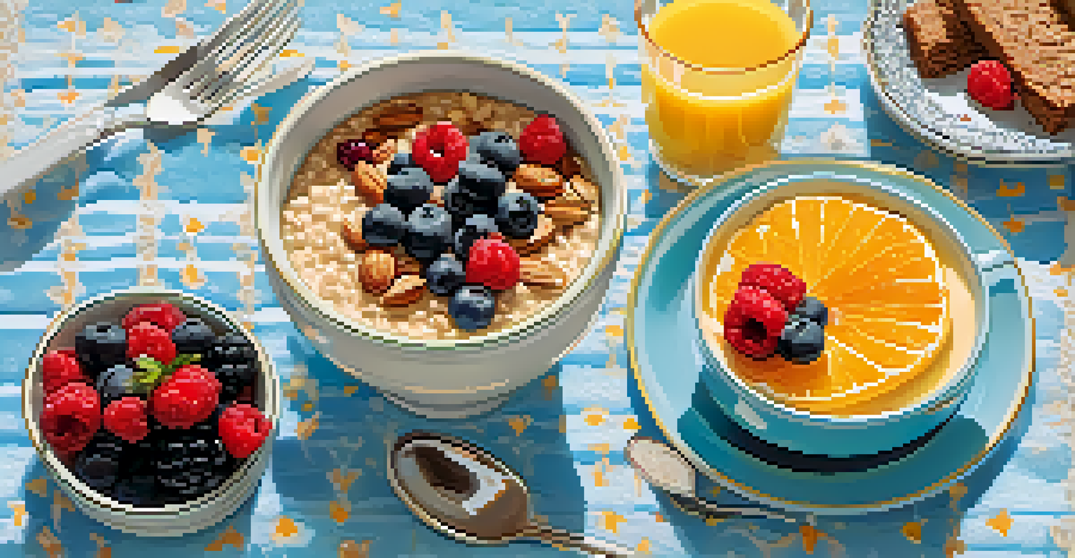 An overhead view of a vibrant breakfast with oatmeal and berries, complemented by a glass of orange juice and flowers.