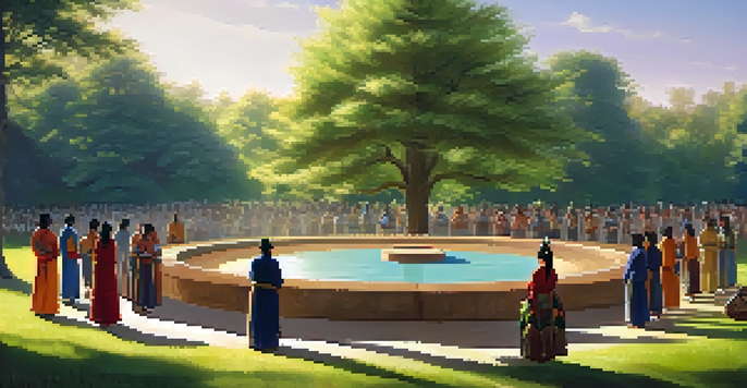 A group of people in traditional attire performing a healing ceremony around a fire in a lush green forest.