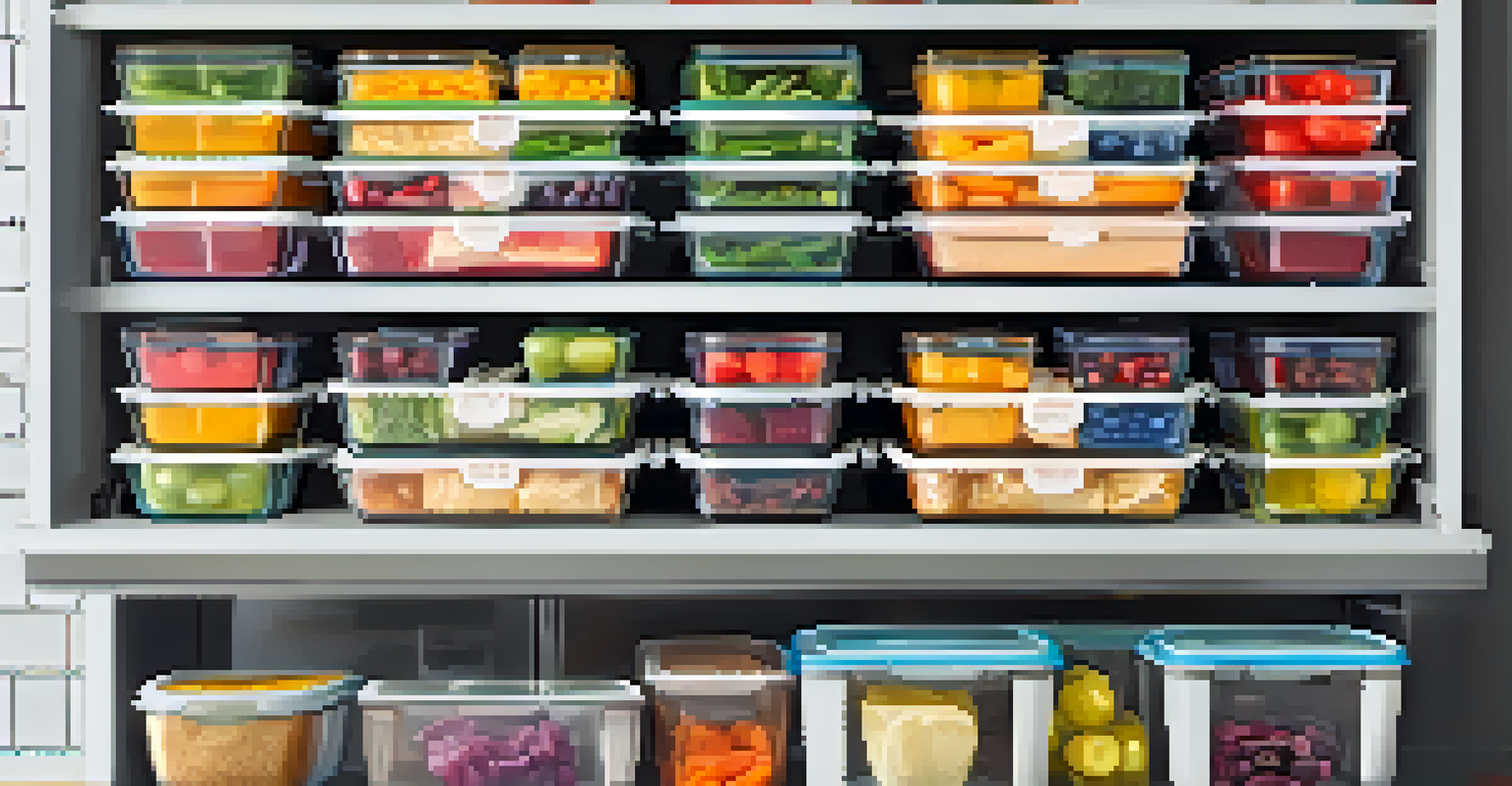 Stacked freezer-safe meal prep containers in a cheerful kitchen, labeled and organized with a chalkboard menu in view.