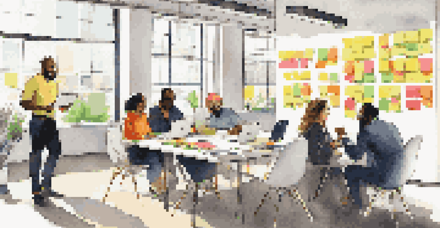 A diverse group of professionals collaborating in a modern office setting, surrounded by colorful post-it notes and laptops.