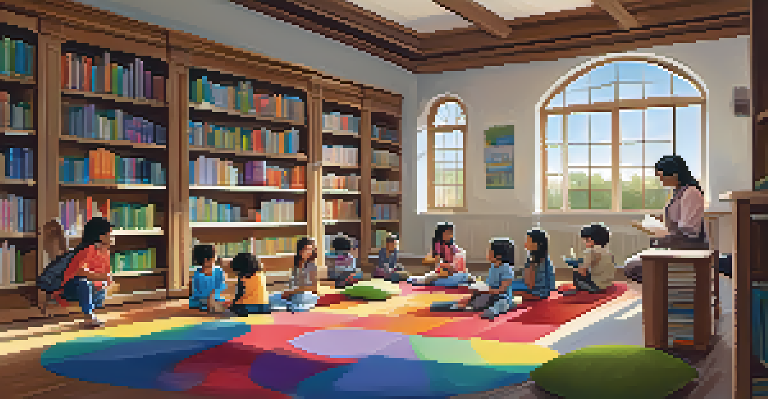 Inside a library where children are gathered around a storyteller, surrounded by bookshelves and soft lighting.