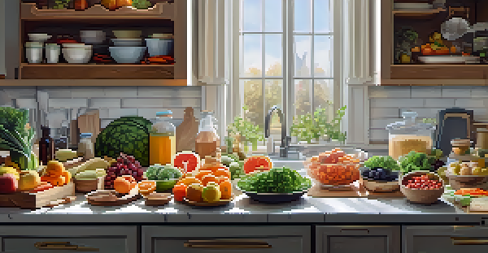 A colorful arrangement of fresh fruits, vegetables, and lean proteins on a kitchen countertop, showcasing the importance of meal prep for recovery.