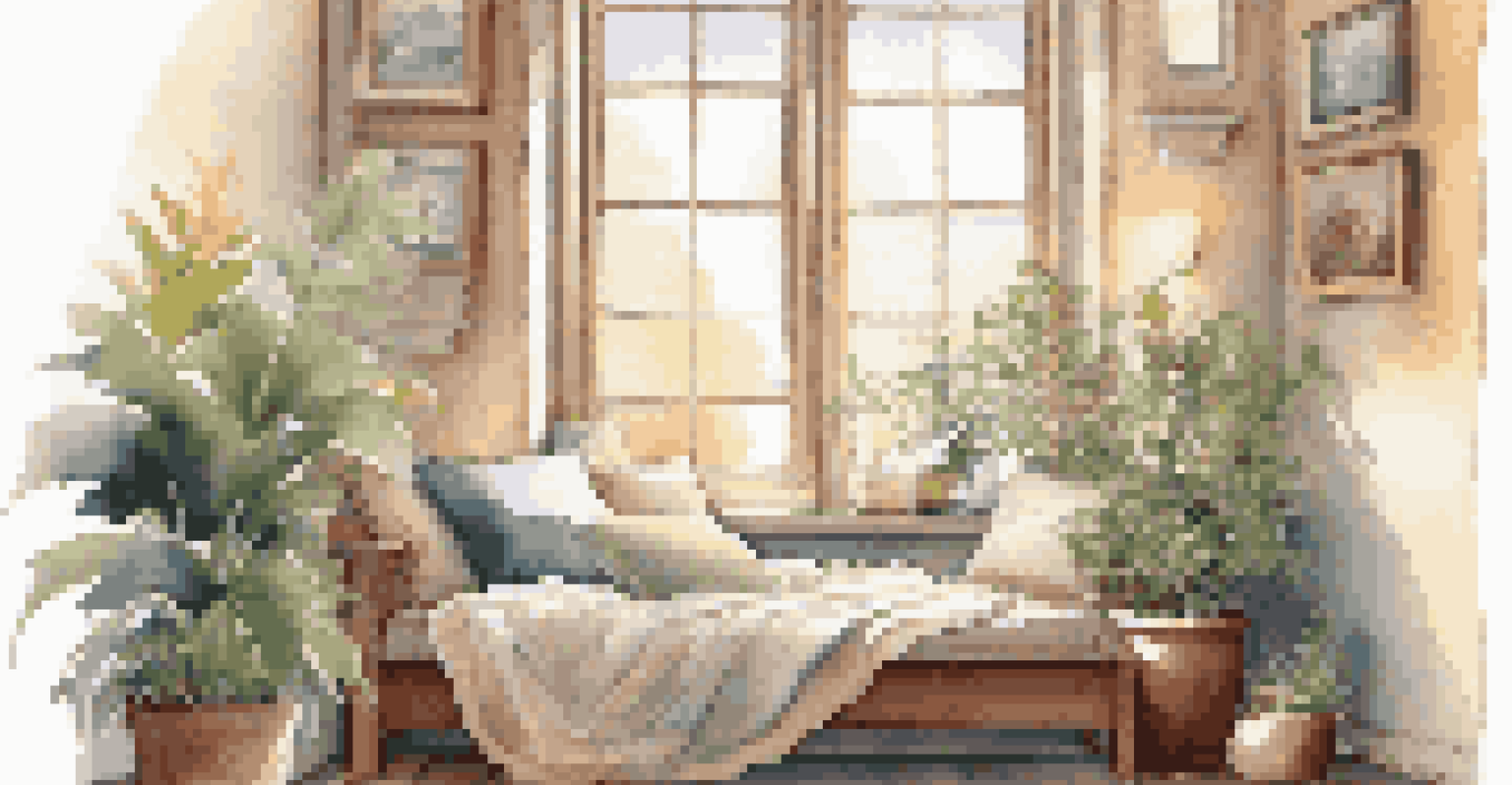 A peaceful home meditation space with cushions, candles, and plants, bathed in natural light.