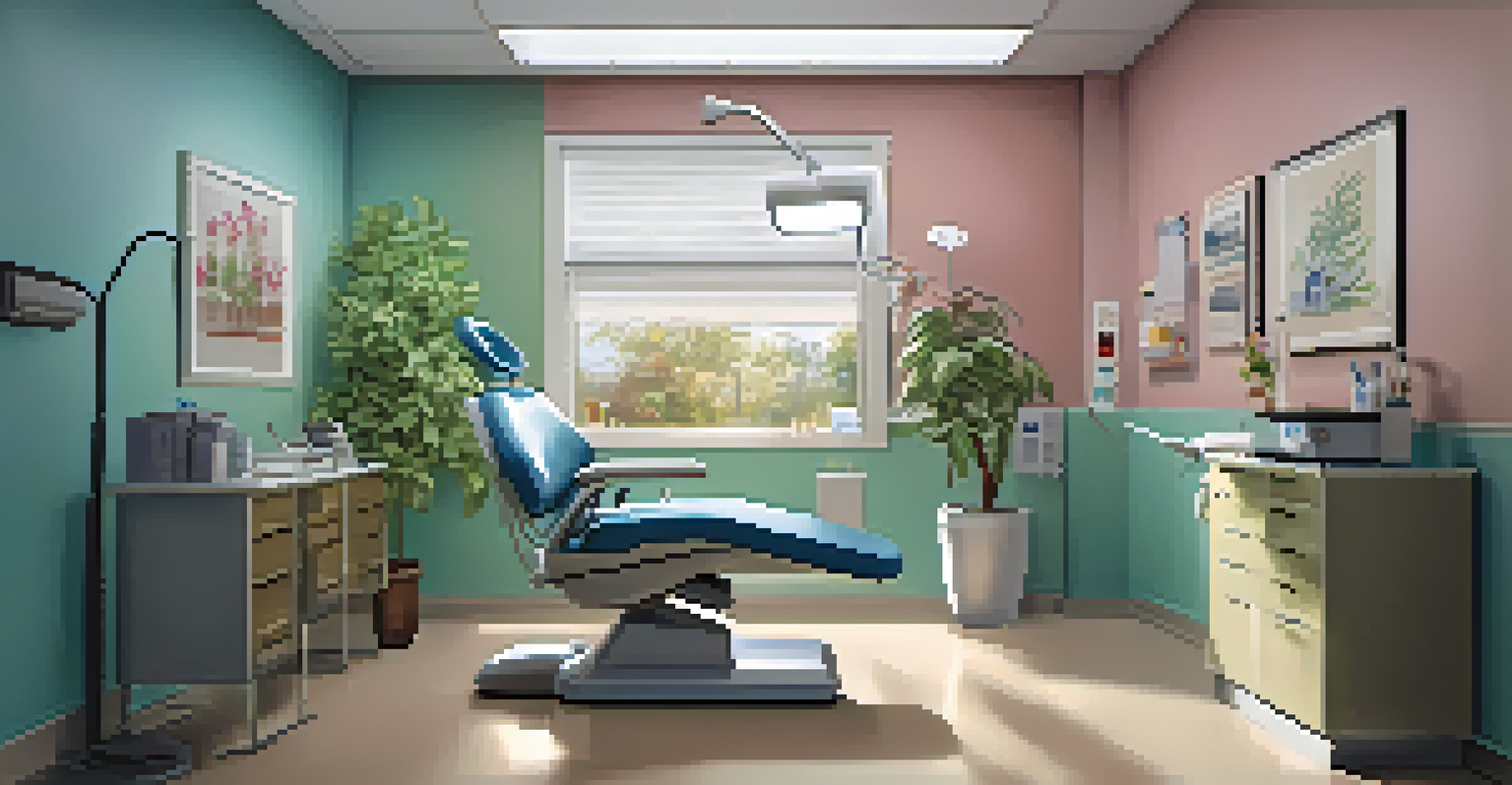 A dentist's office where a patient is sitting in a dental chair while the dentist examines their teeth under bright light, with a soothing decor.