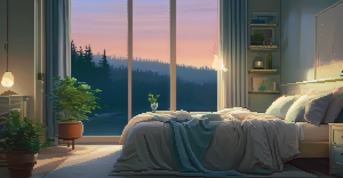 A cozy bedroom with warm lighting, a bed, a bedside table with a book, tea, and a plant, and a window showing a starry sky.